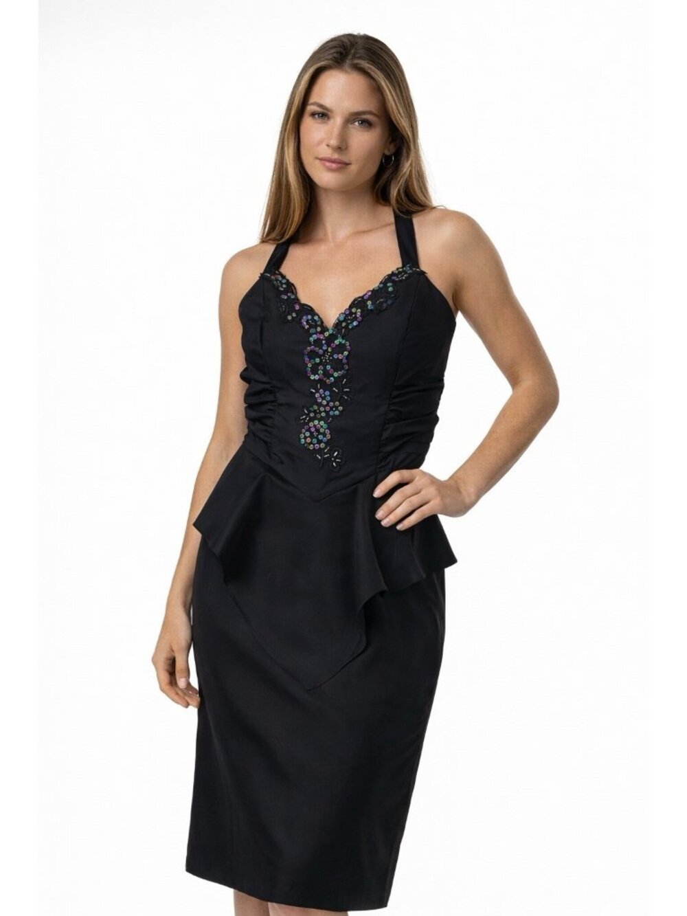 vintage 90s STEPPIN OUT black cocktail dress peplum S M prom sequins midi party